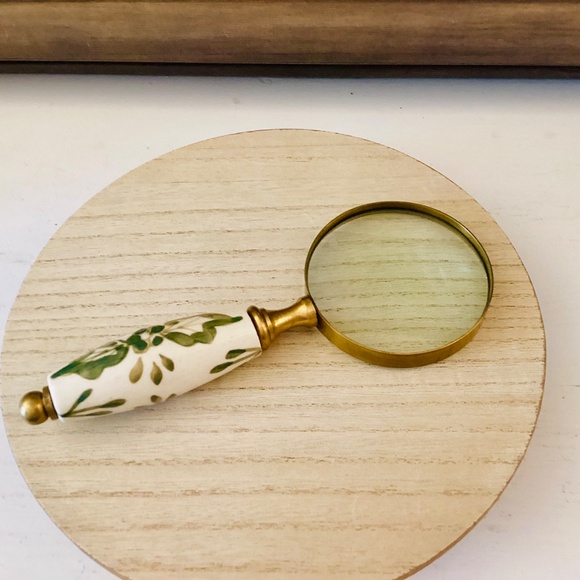 Brass Lupe Magnifying Glass Ceramic White Green Floral Handle 7.5” Elegant Gift - Picture 7 of 12